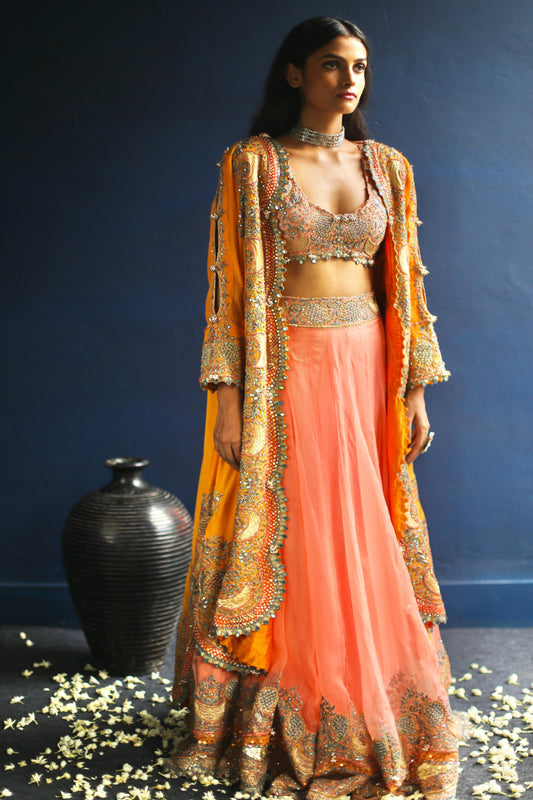 Apricot Paisley Jacket and Peach Lehenga Set