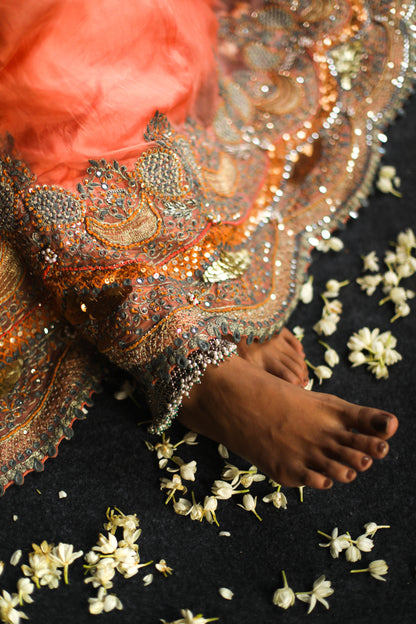 Apricot Paisley Jacket and Peach Lehenga Set