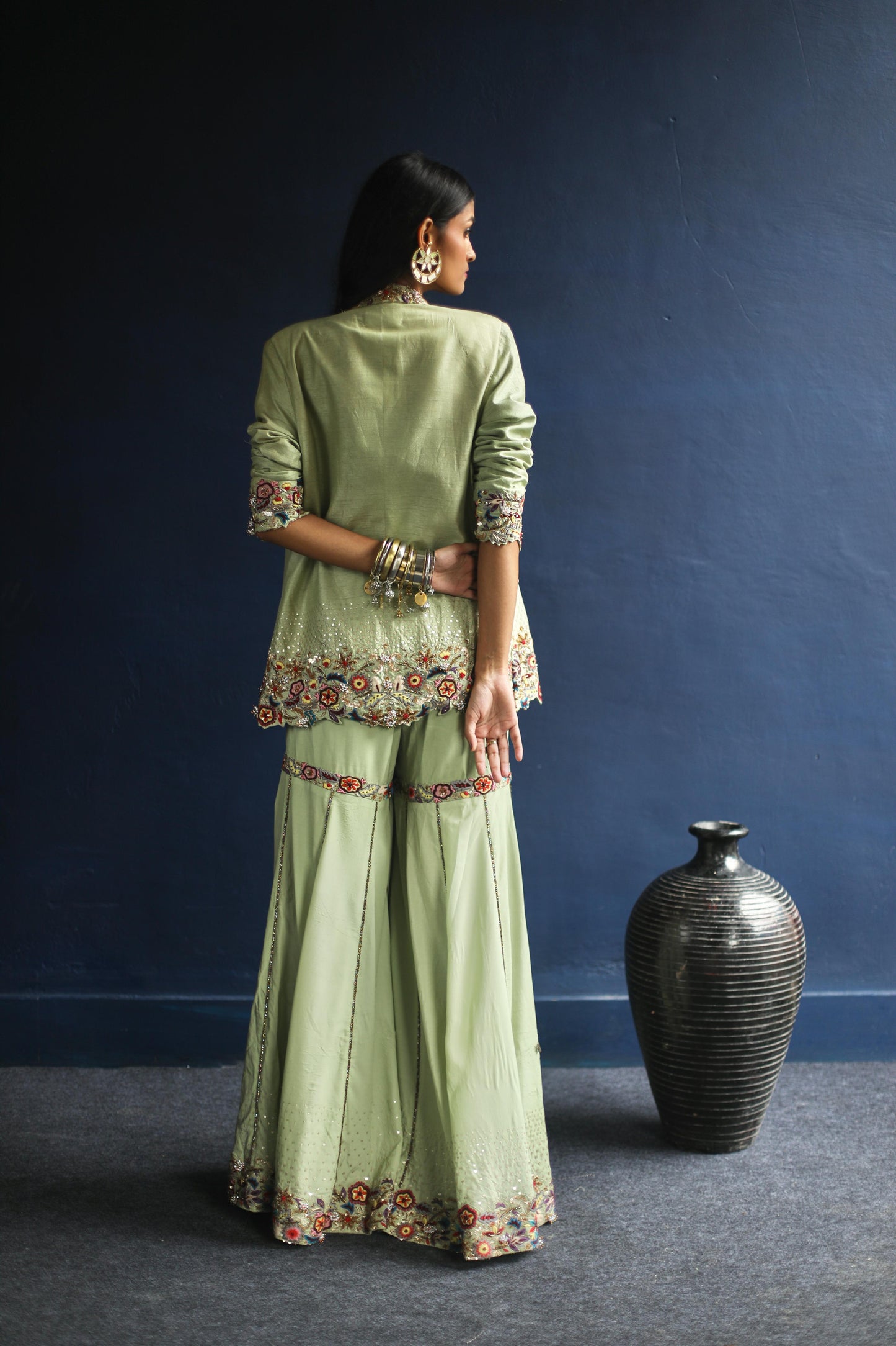 Dusty-Green Blazer and Sharara Pants Set