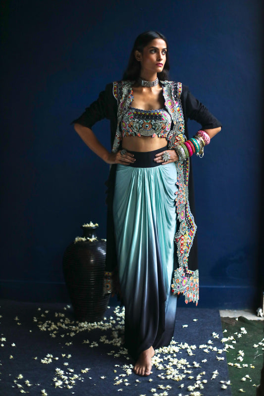 Black Boho Jacket and Ombre Dhoti Skirt Set