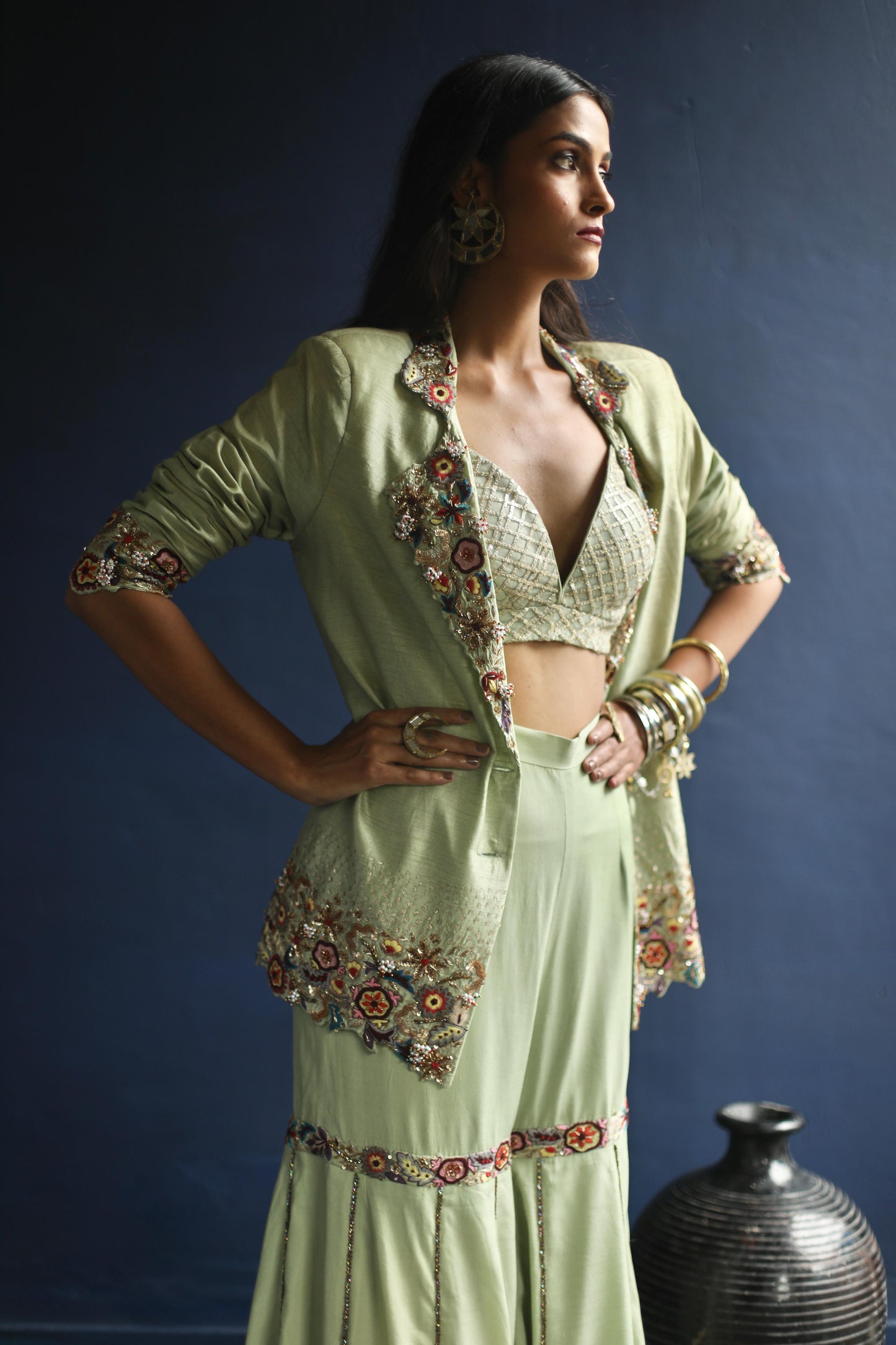 Dusty-Green Blazer and Sharara Pants Set