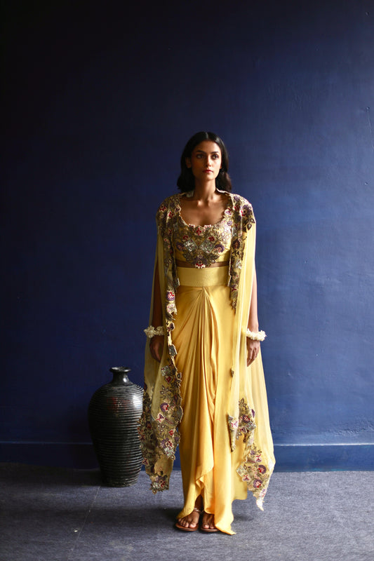 Sunshine Floral Cape and Dhoti Skirt Set