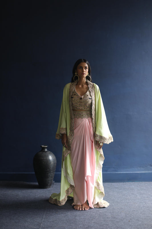 Neon-Green Floral Cape and Pink Dhoti Skirt Set