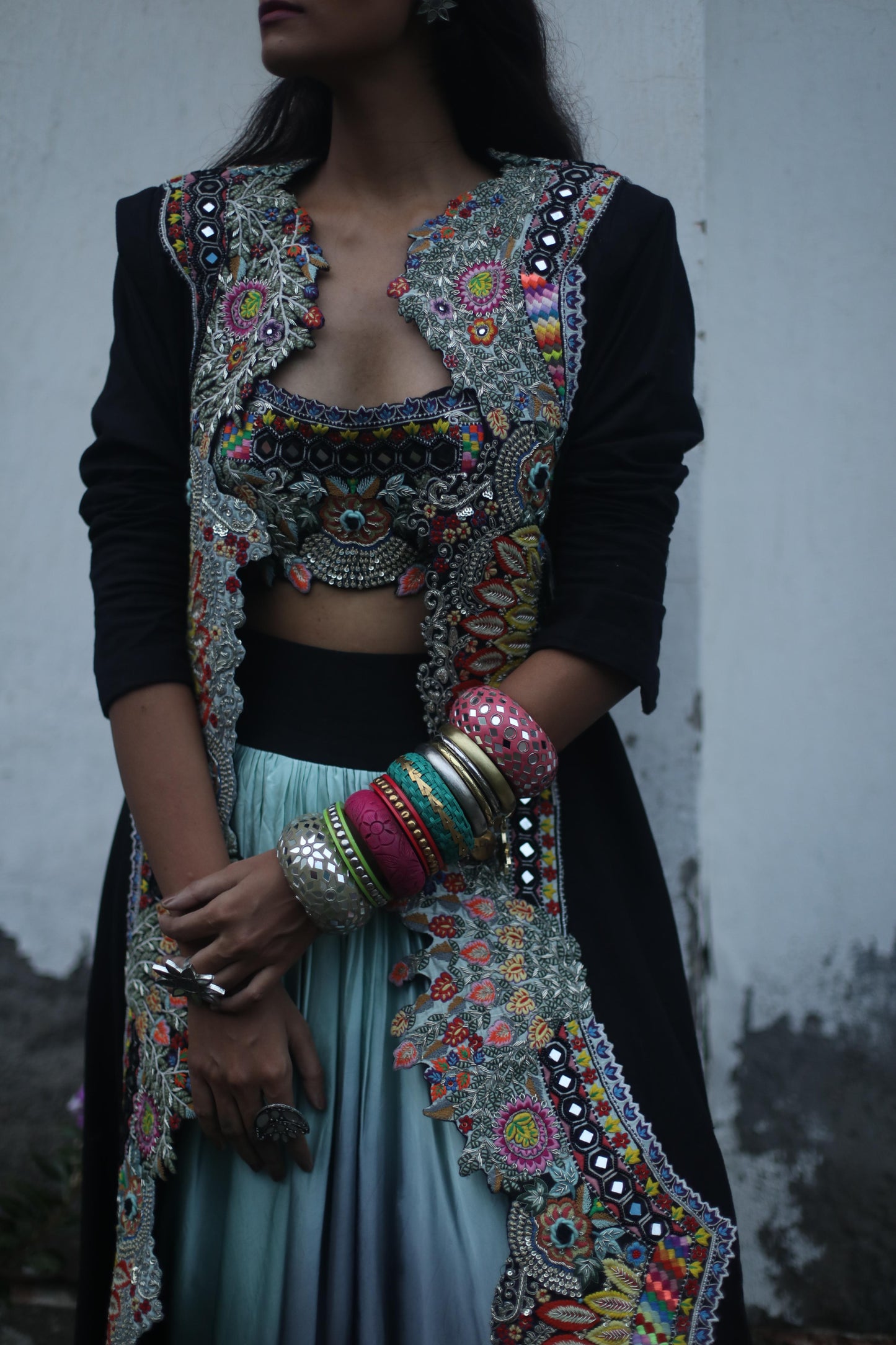 Black Boho Jacket and Ombre Dhoti Skirt Set