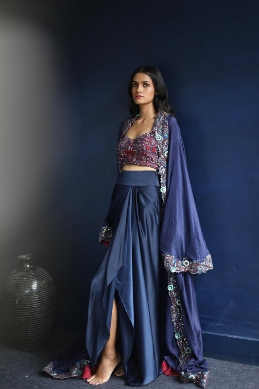 Navy Abaya Cape and Drape Skirt Set