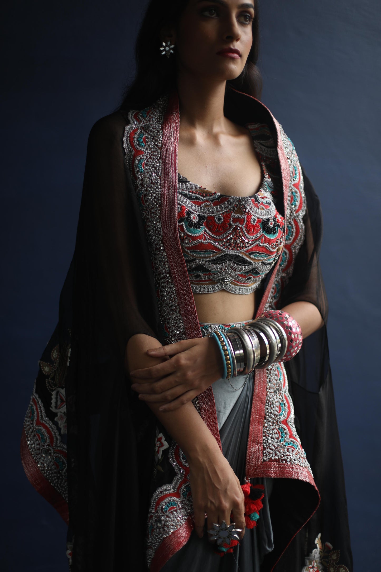 Black Devi Cape and Dhoti Skirt Set