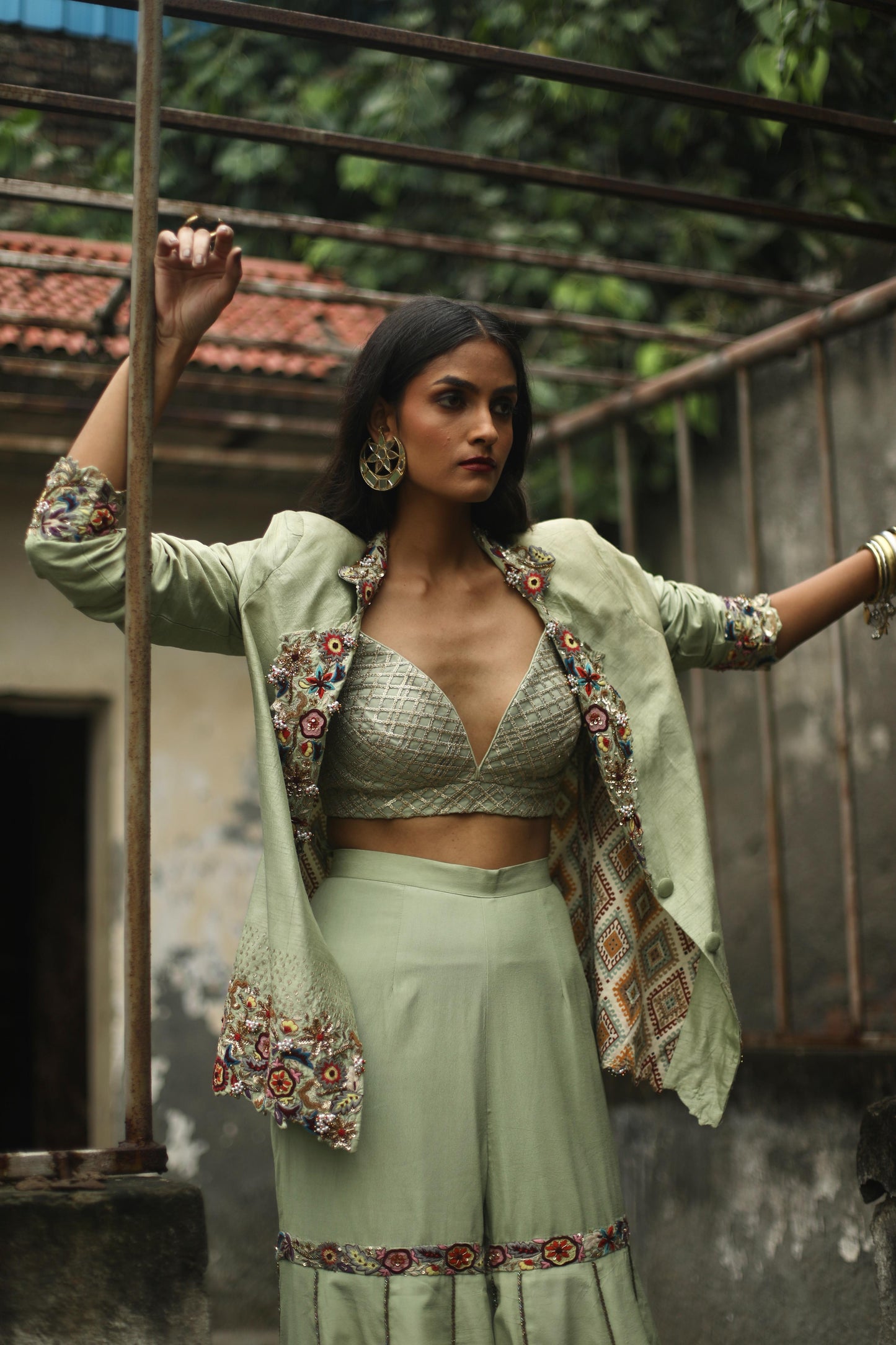 Dusty-Green Blazer and Sharara Pants Set