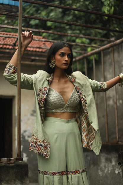 Dusty-Green Blazer and Sharara Pants Set