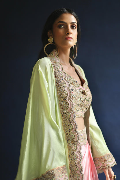 Neon-Green Floral Cape and Pink Dhoti Skirt Set