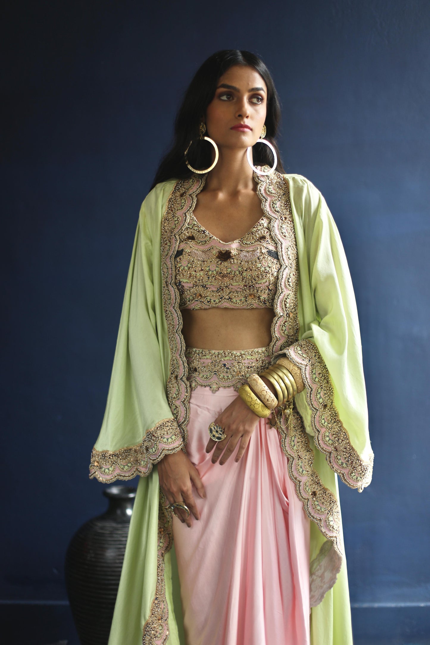 Neon-Green Floral Cape and Pink Dhoti Skirt Set
