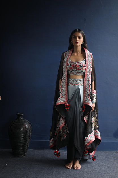 Black Devi Cape and Dhoti Skirt Set