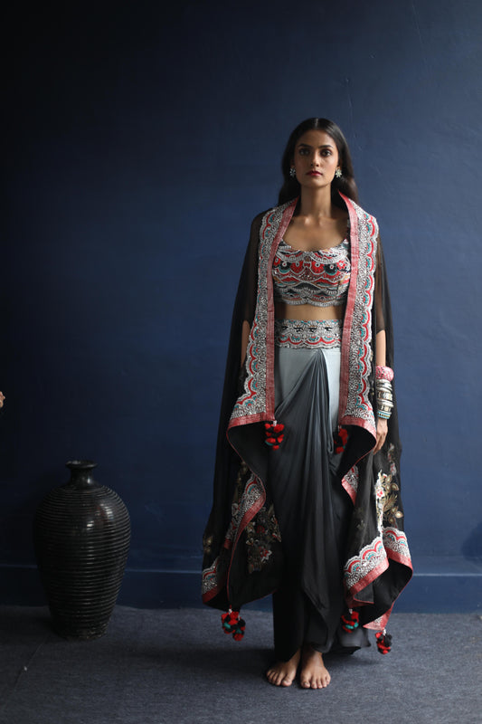 Black Devi Cape and Dhoti Skirt Set