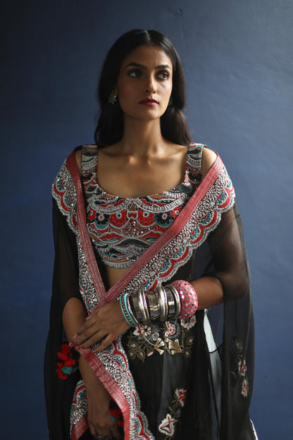 Black Devi Cape and Dhoti Skirt Set