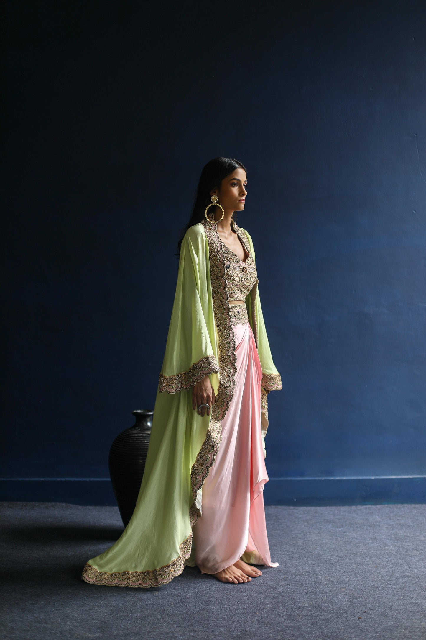 Neon-Green Floral Cape and Pink Dhoti Skirt Set