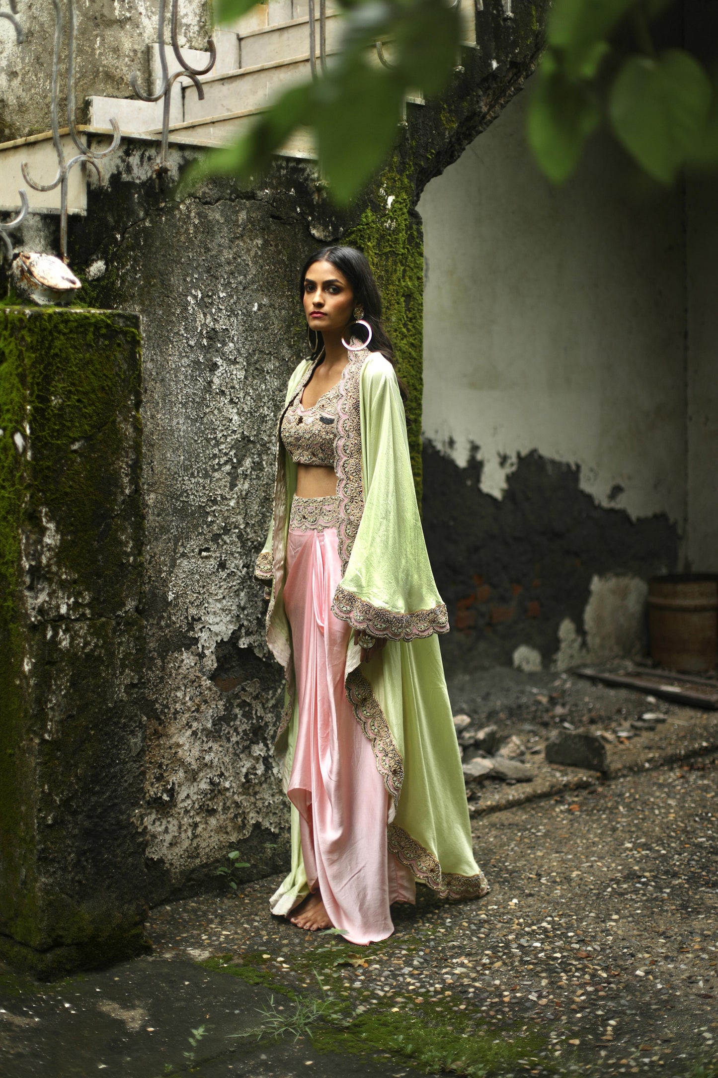 Neon-Green Floral Cape and Pink Dhoti Skirt Set