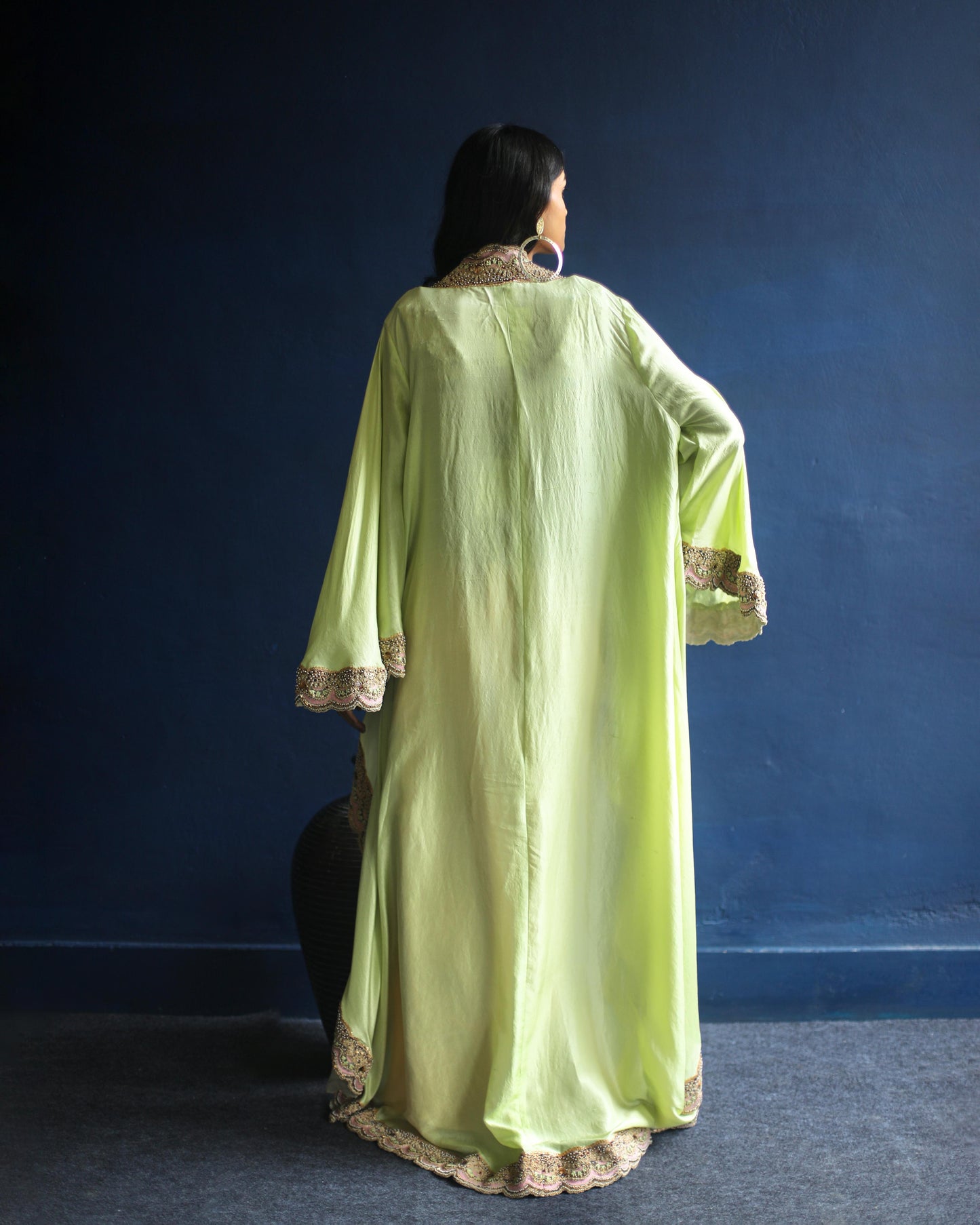 Neon-Green Floral Cape and Pink Dhoti Skirt Set