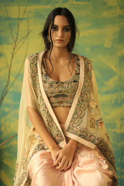 Baby-Pink Bhagwan Cape and Drape Skirt Set