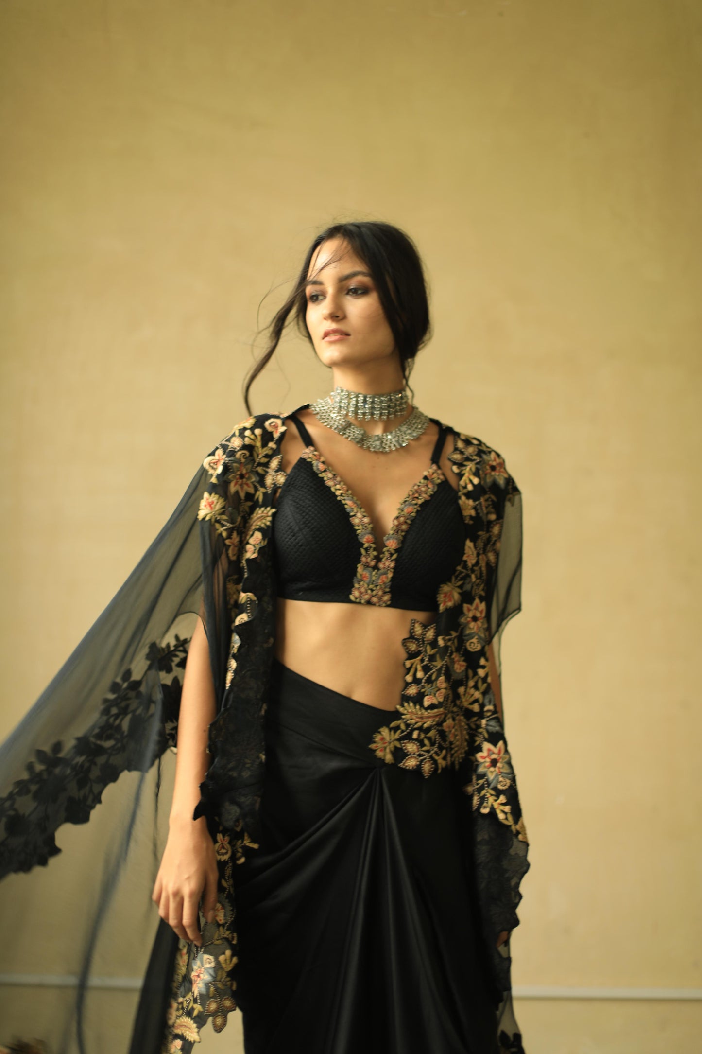 Black Floral Cape and Drape Skirt Set