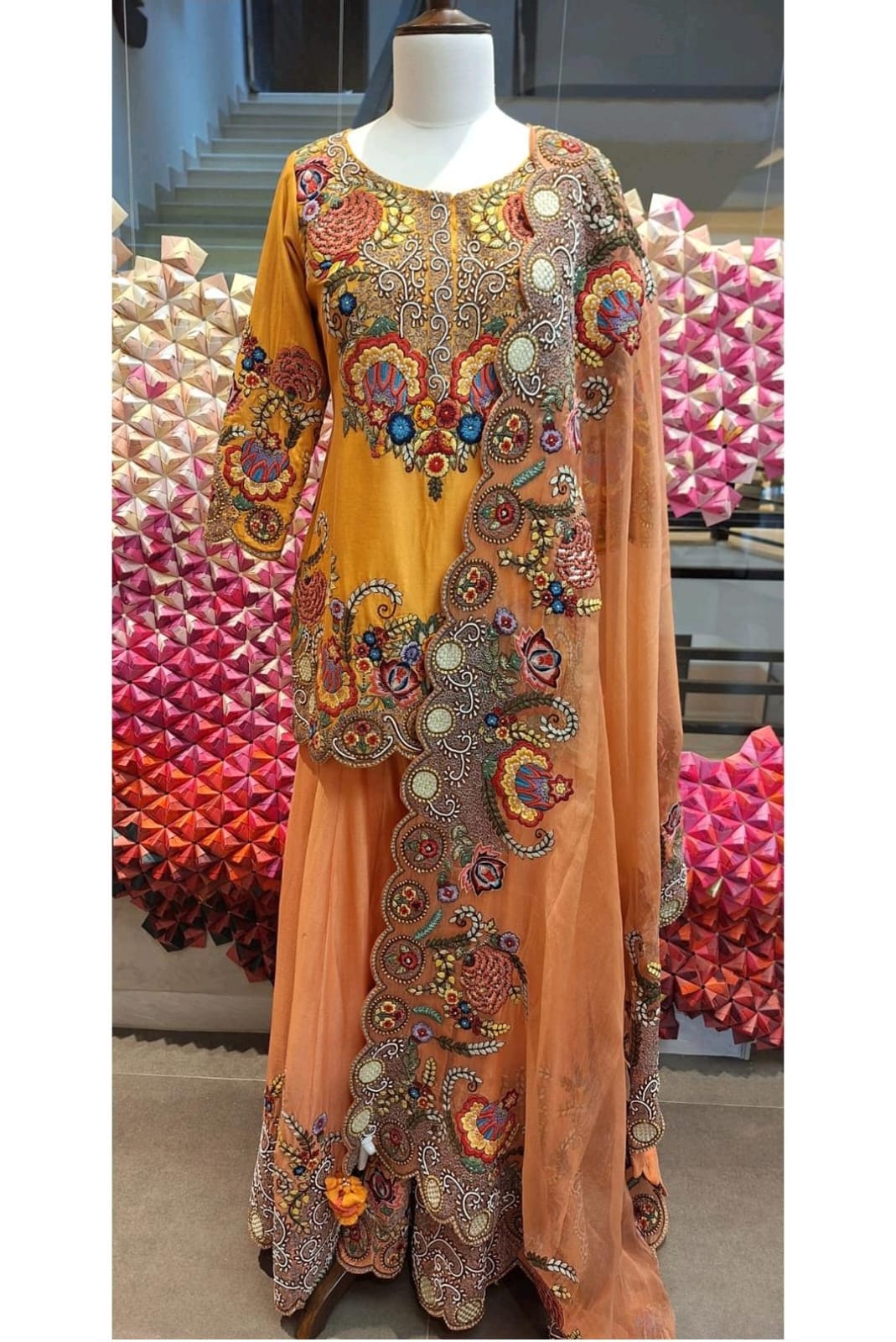 Tangerine Floral Kurta and Sharara Pants Set
