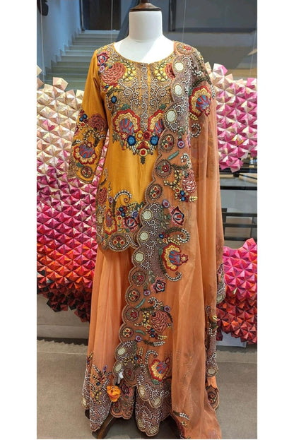 Tangerine Floral Kurta and Sharara Pants Set
