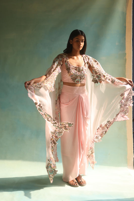 Baby-Pink Floral Cape and Dhoti Skirt Set