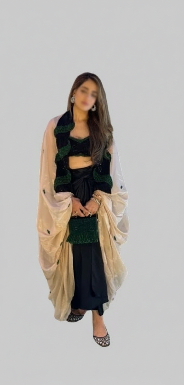 Tissue Cape and Dark-Green Dhoti Set