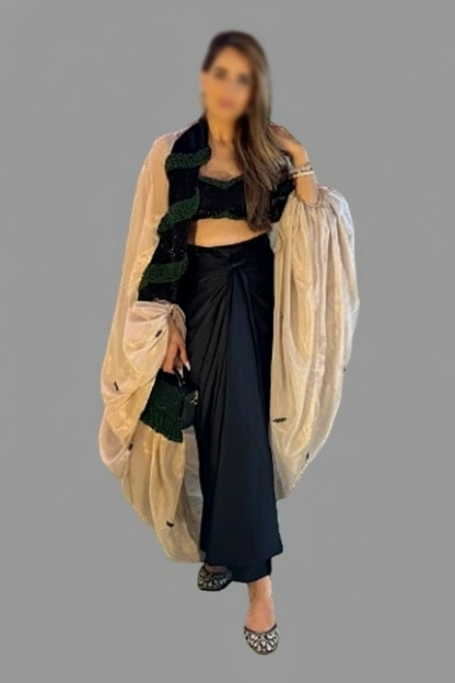 Tissue Cape and Dark-Green Dhoti Set