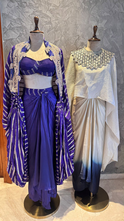 Indigo Empress Striped Purple Cape Set , with Blouse and Draped Dhoti skirt