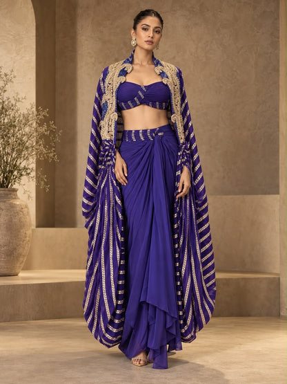 Indigo Empress Striped Purple Cape Set , with Blouse and Draped Dhoti skirt
