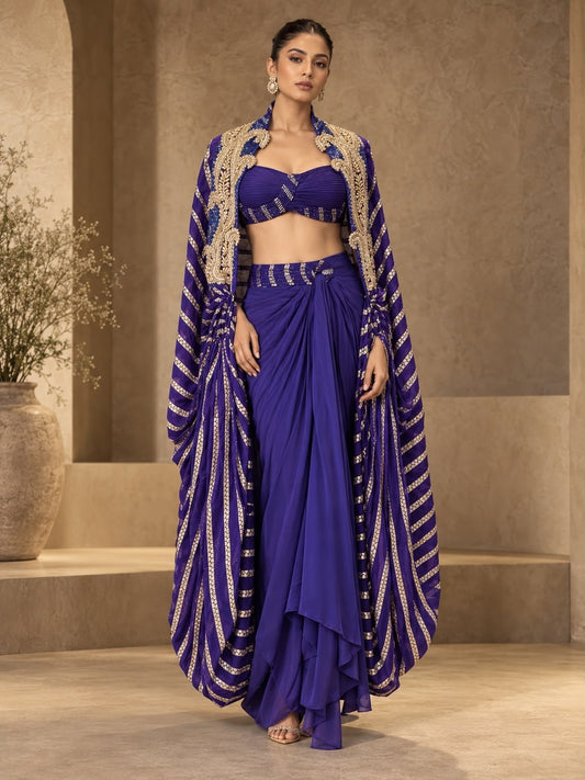 Indigo Empress Striped Purple Cape Set , with Blouse and Draped Dhoti skirt