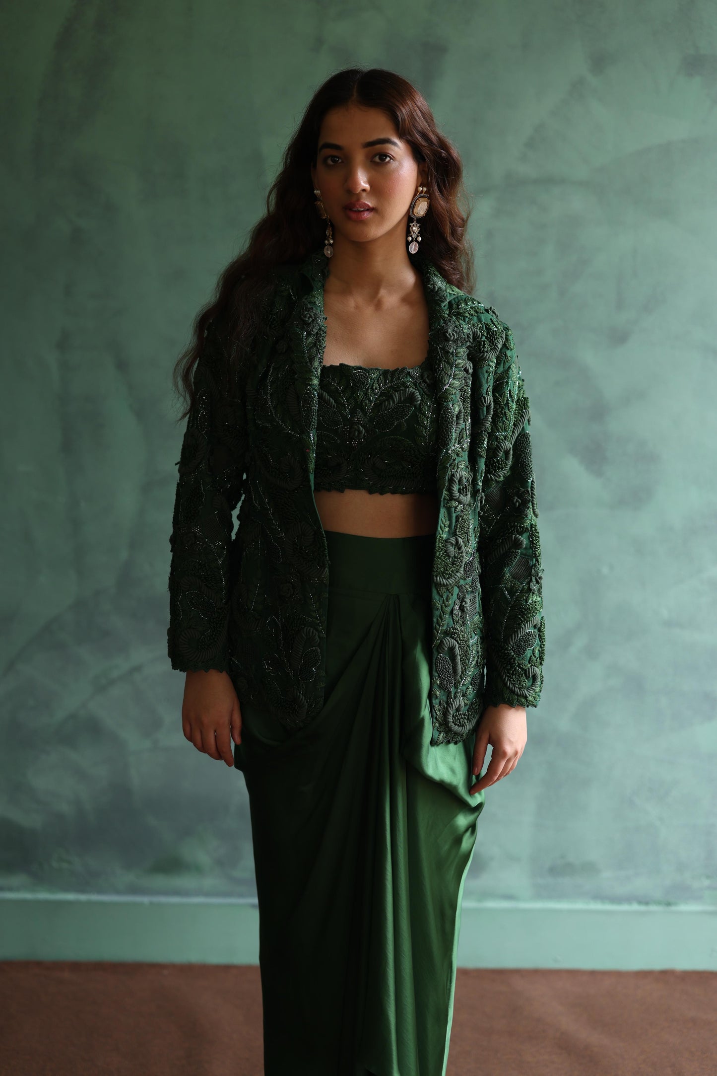 Dark-Green Blazer and Dhoti Skirt Set