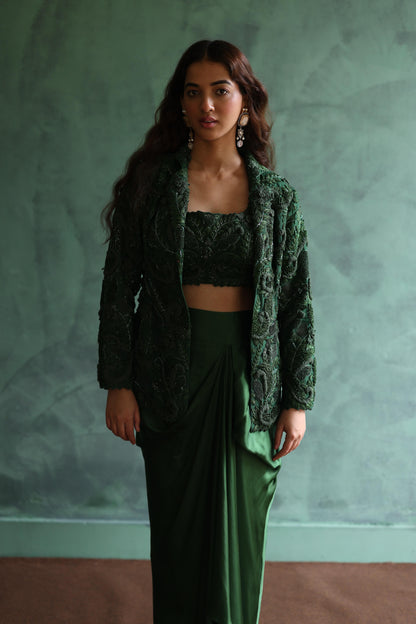 Dark-Green Blazer and Dhoti Skirt Set