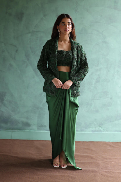 Dark-Green Blazer and Dhoti Skirt Set