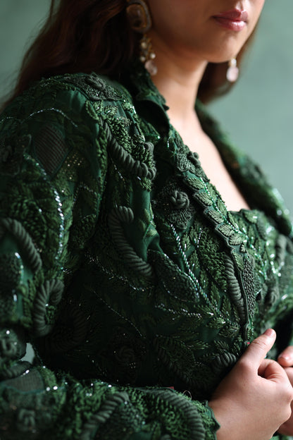 Dark-Green Blazer and Dhoti Skirt Set