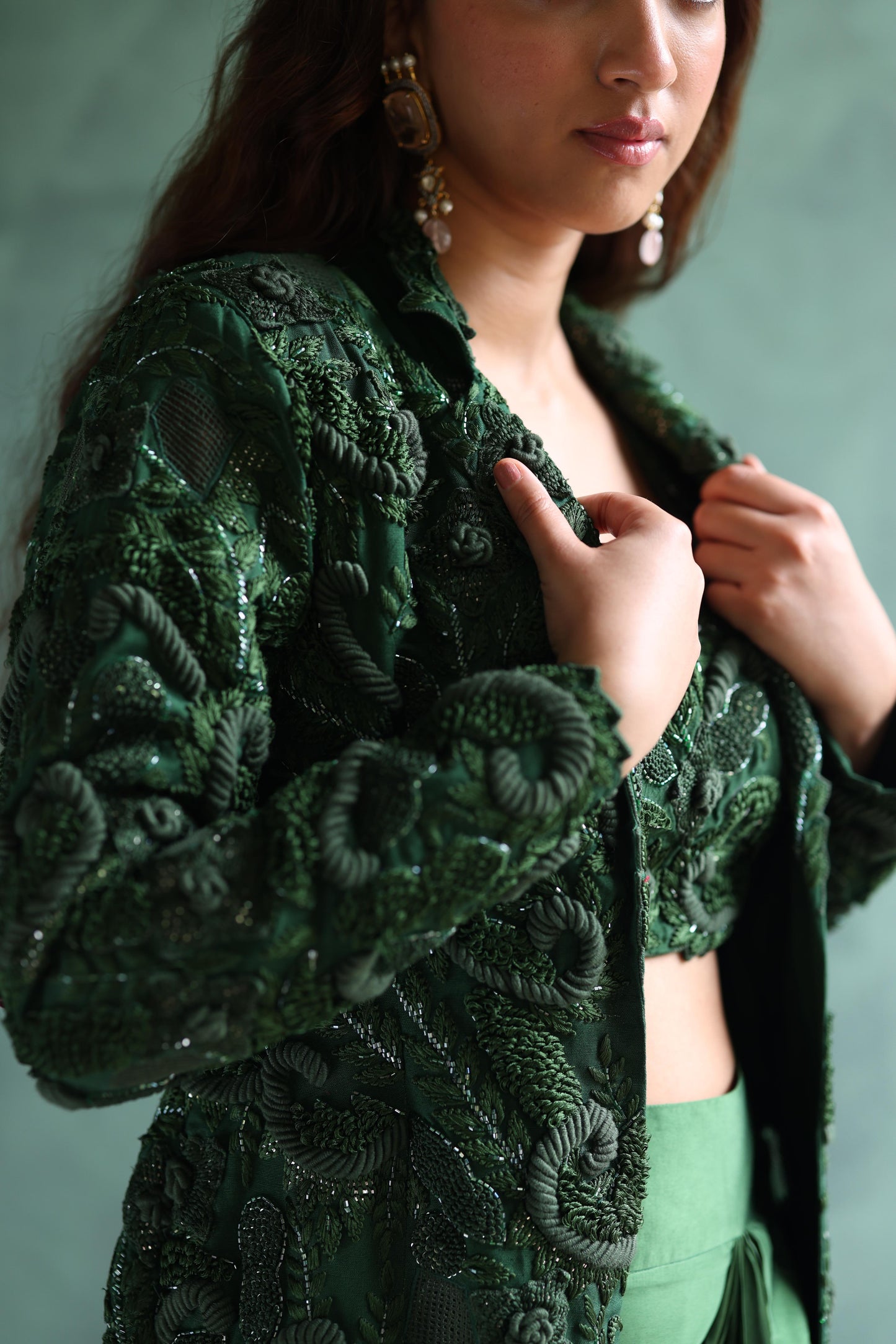 Dark-Green Blazer and Dhoti Skirt Set