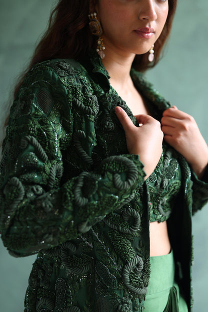 Dark-Green Blazer and Dhoti Skirt Set