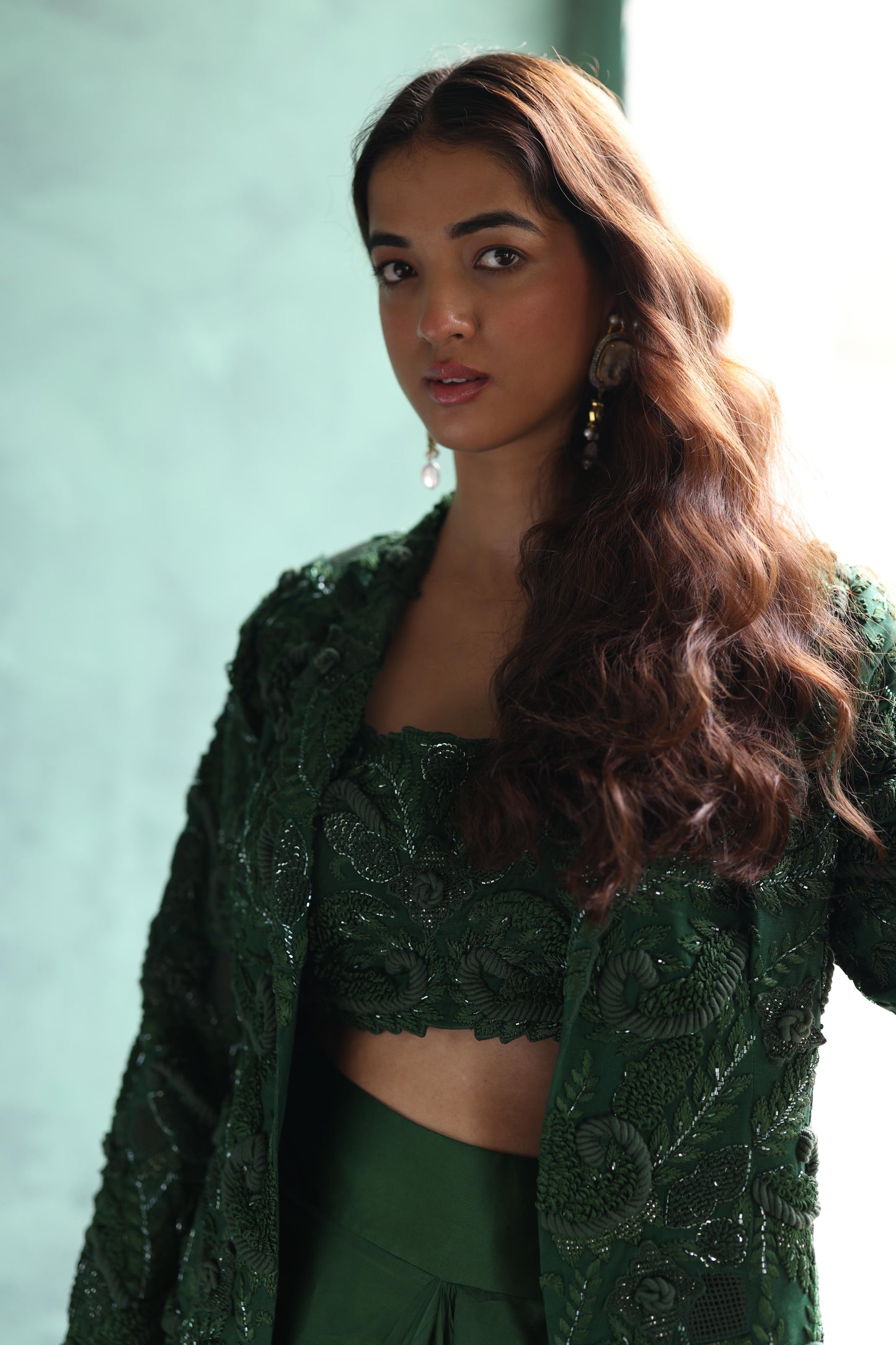 Dark-Green Blazer and Dhoti Skirt Set
