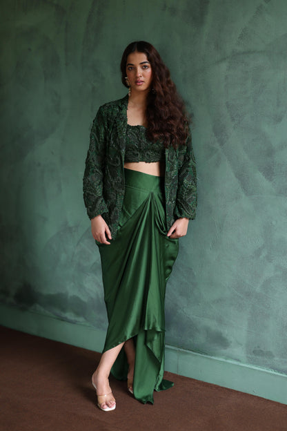 Dark-Green Blazer and Dhoti Skirt Set