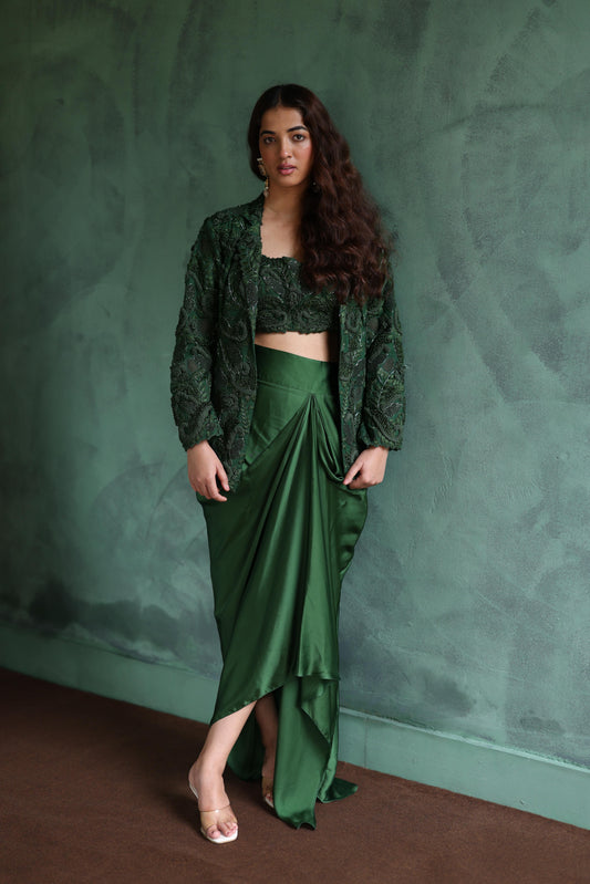 Dark-Green Blazer and Dhoti Skirt Set