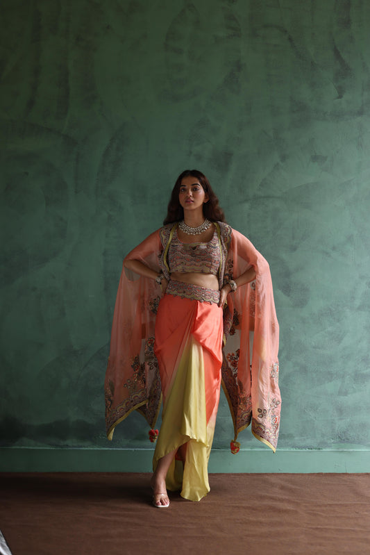 Peach Paisley Cape and Lime Green Dhoti Skirt Set