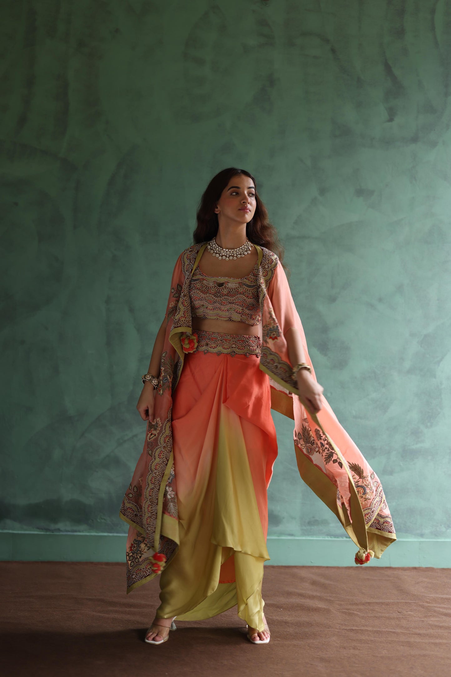 Peach Paisley Cape and Lime Green Dhoti Skirt Set