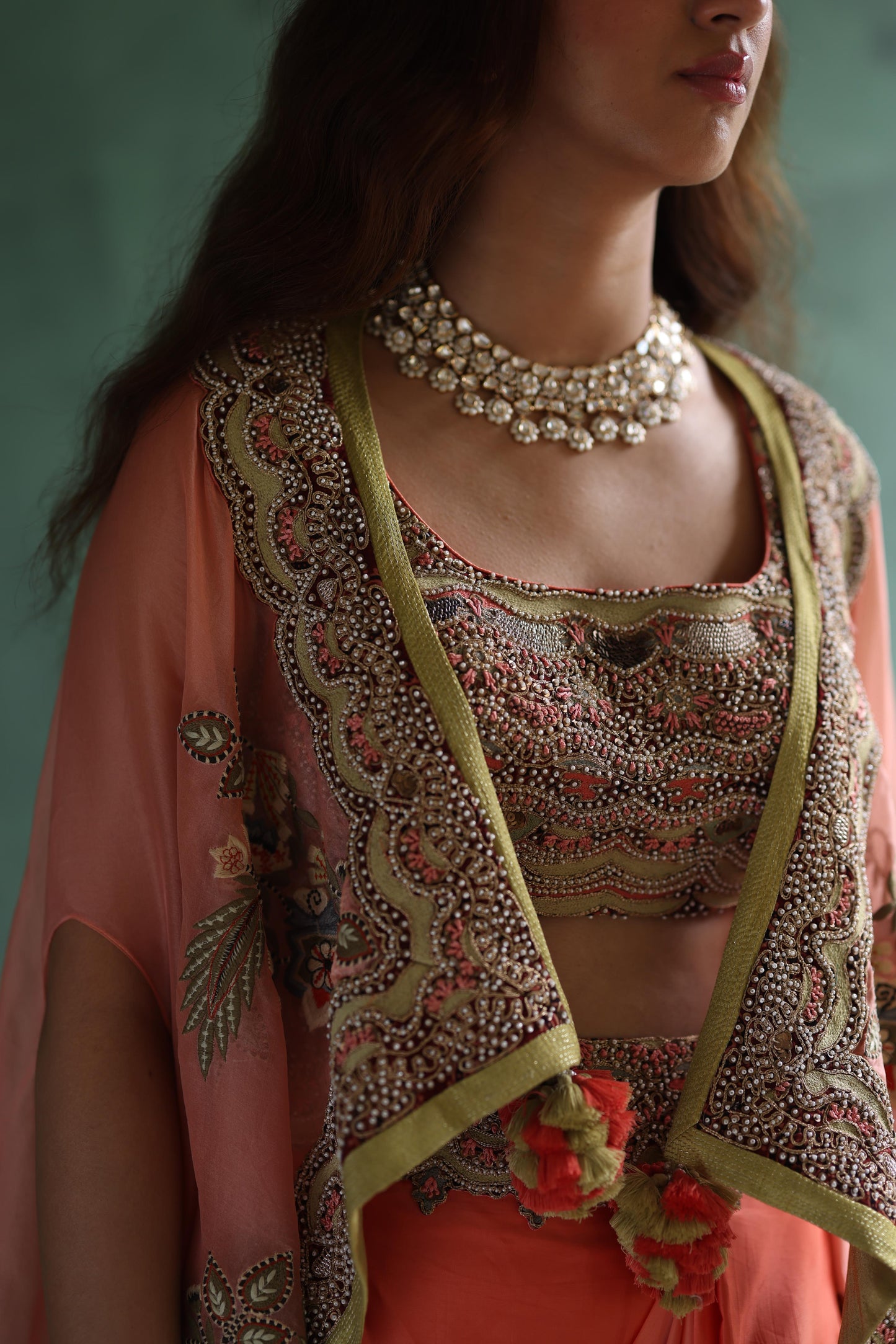 Peach Paisley Cape and Lime Green Dhoti Skirt Set