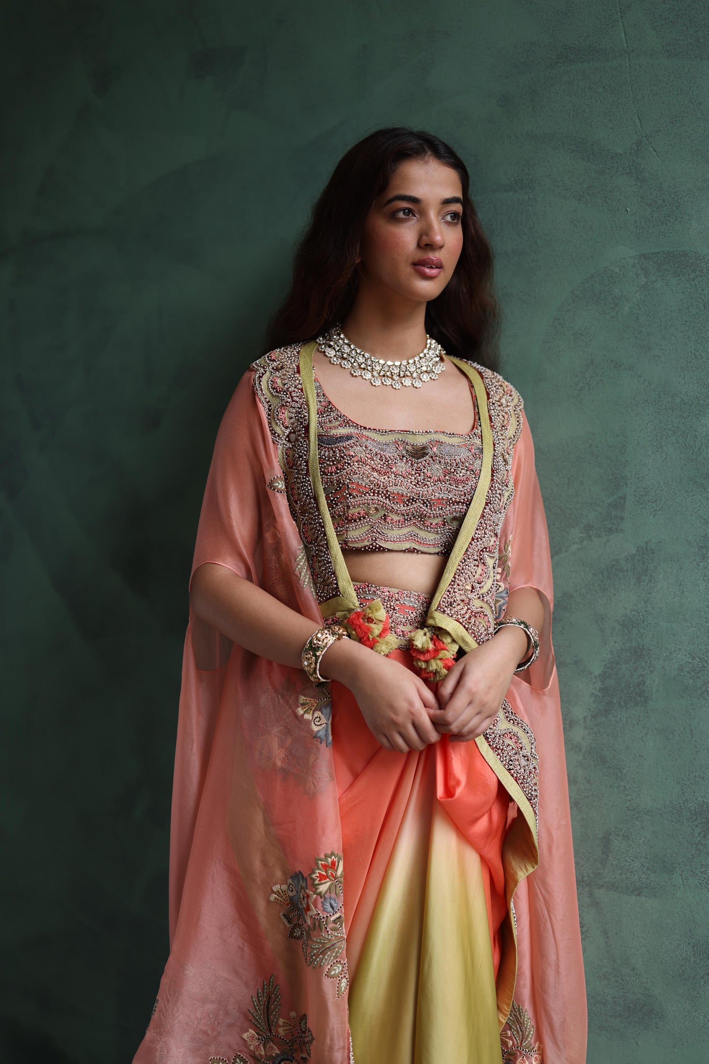 Peach Paisley Cape and Lime Green Dhoti Skirt Set