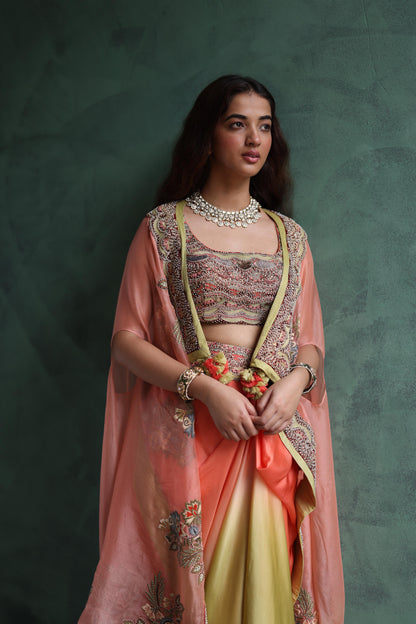Peach Paisley Cape and Lime Green Dhoti Skirt Set