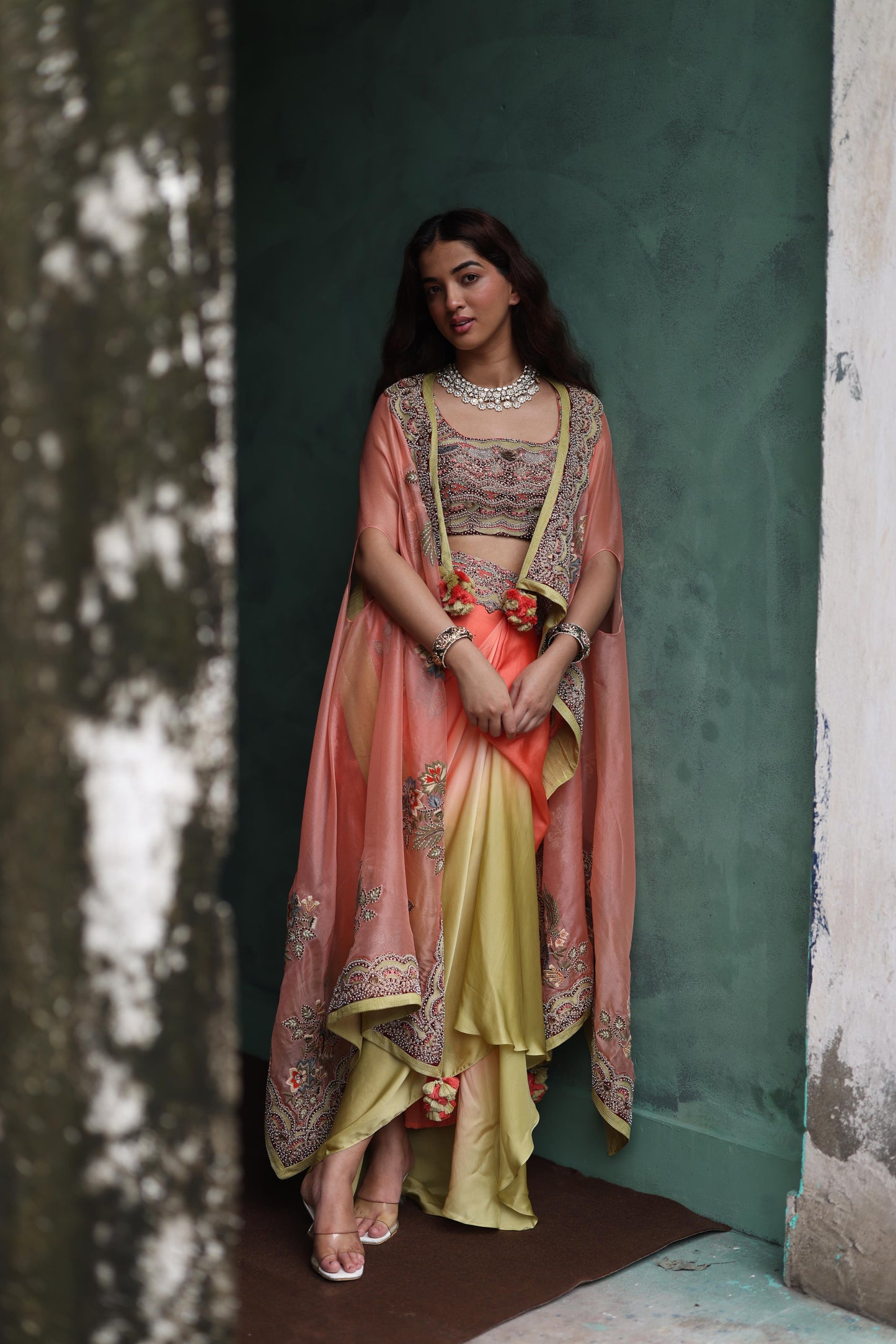 Peach Paisley Cape and Lime Green Dhoti Skirt Set