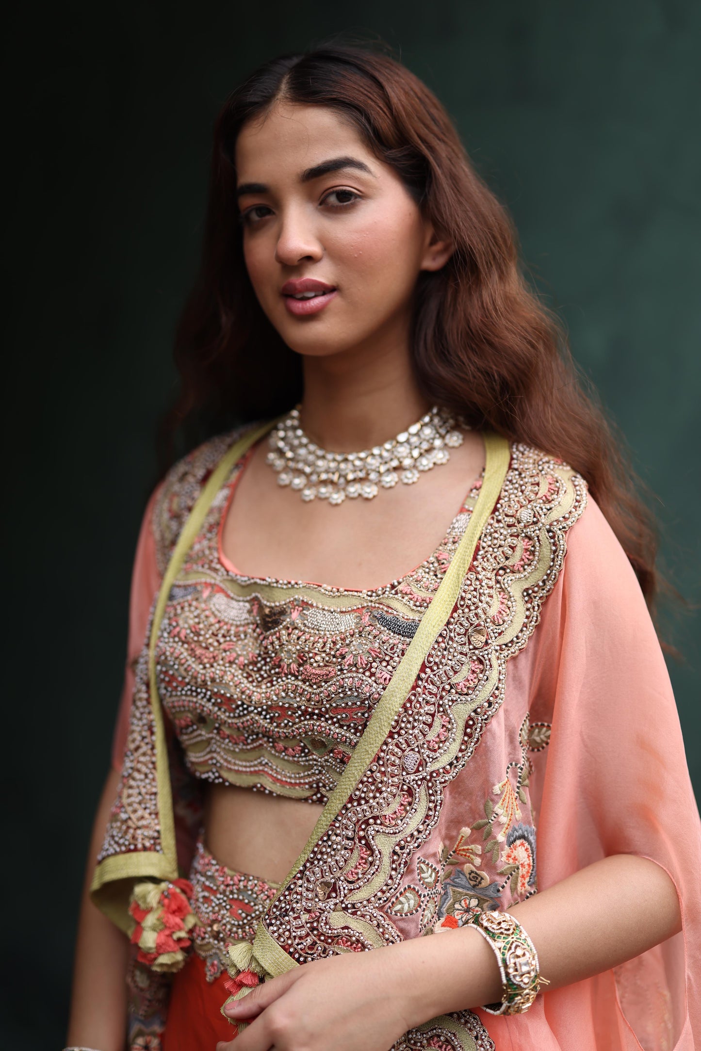 Peach Paisley Cape and Lime Green Dhoti Skirt Set