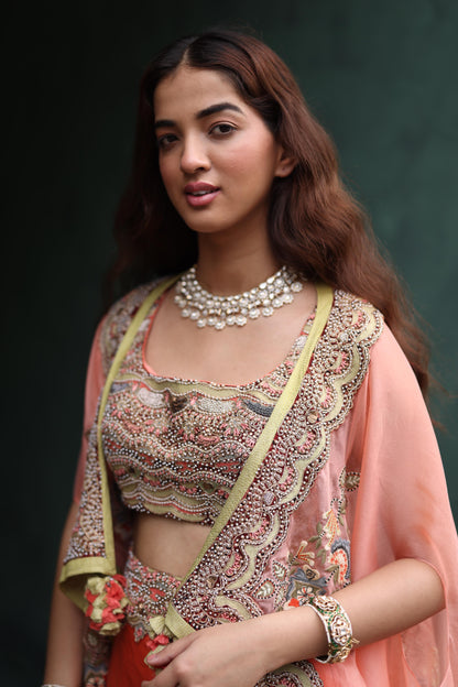 Peach Paisley Cape and Lime Green Dhoti Skirt Set