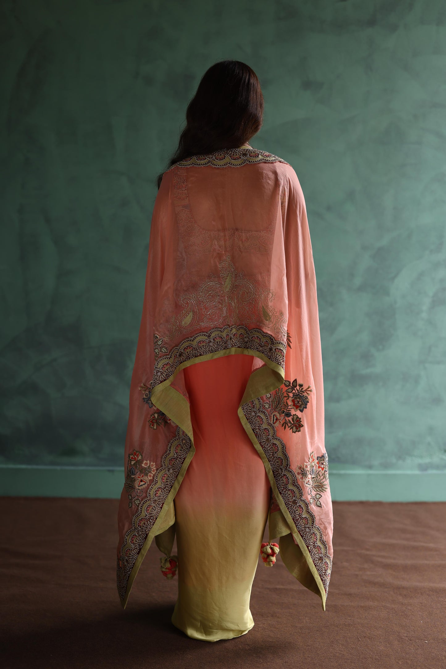 Peach Paisley Cape and Lime Green Dhoti Skirt Set