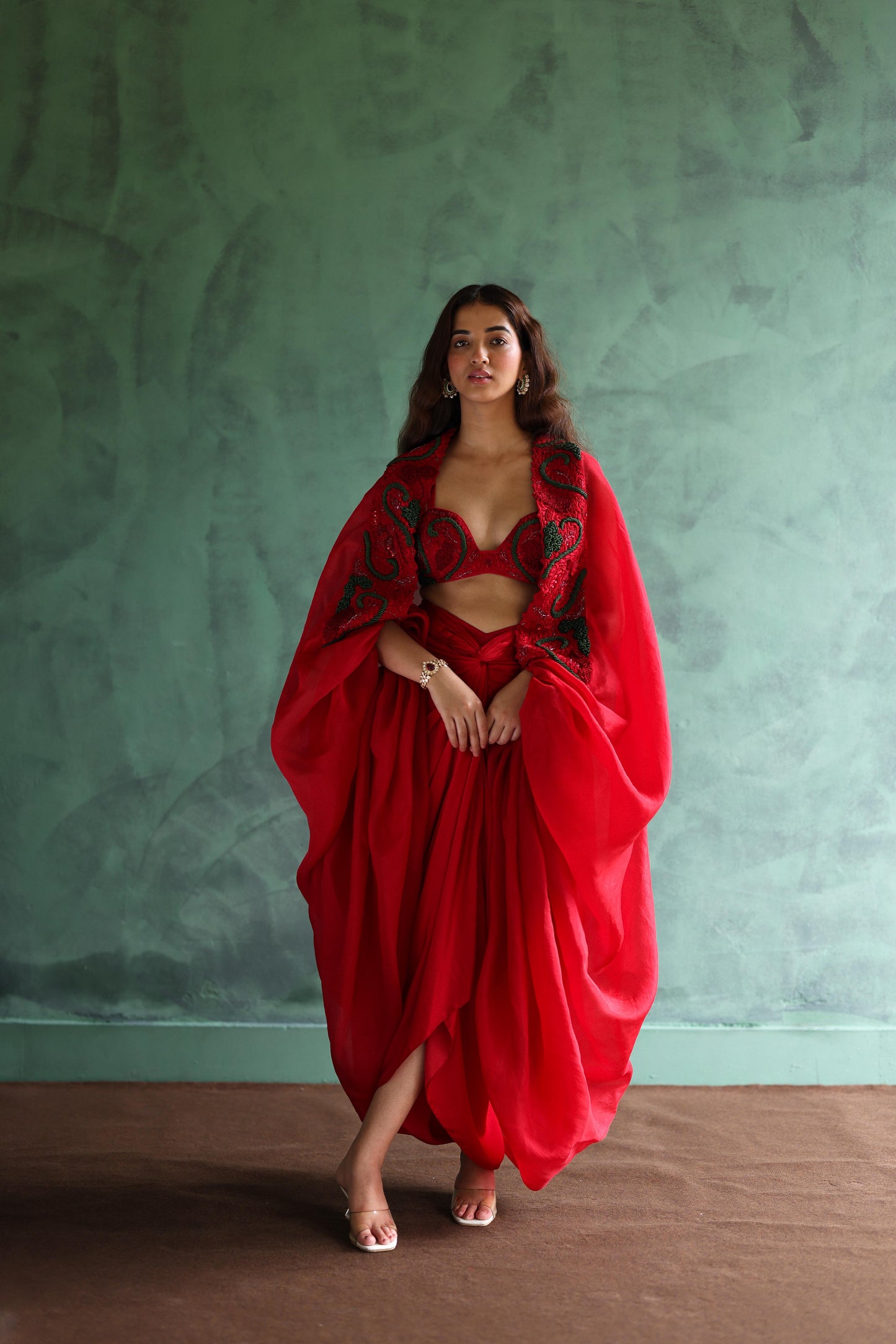 Scarlet Red Cape and Drape Skirt Set