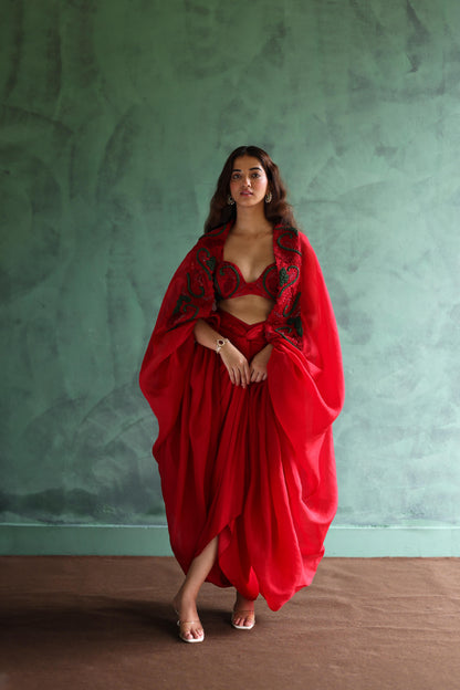 Scarlet Red Cape and Drape Skirt Set